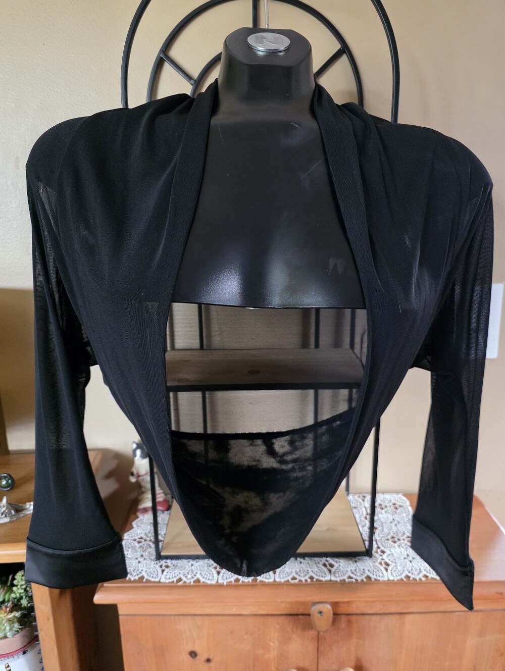 Vtg Black Draped Open-Front Sheer Mesh Bolero Shrug Topper